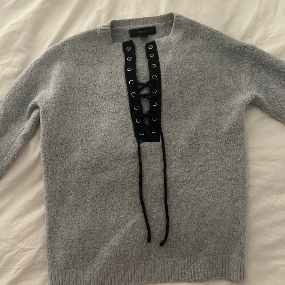 Forever 21 Gray and Black Crewneck Sweater with Lace-Up Detail
